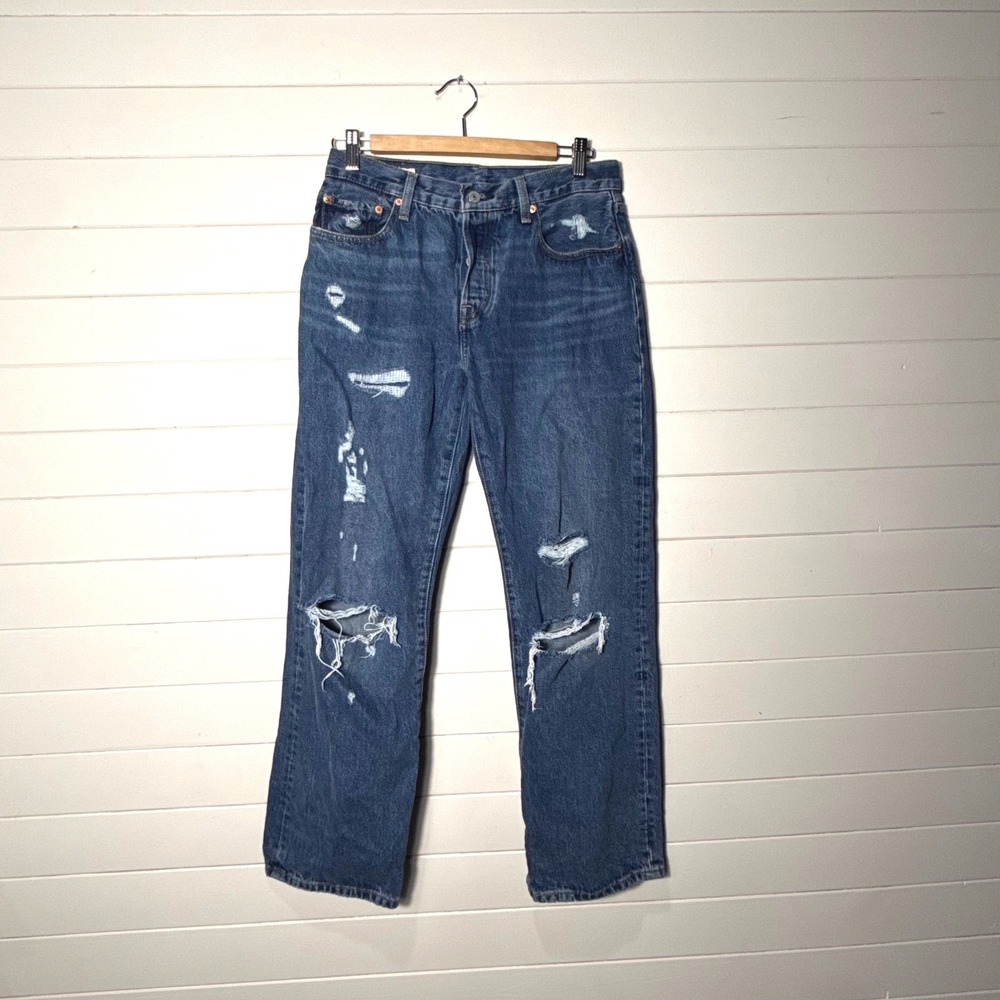 Levi's Premium 501 Original Straight Leg Distressed Blue Jeans W27 L30 Button Fl